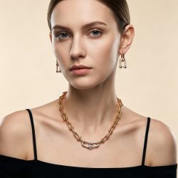 Elegantes 2-in-1 U-Link CZ Schmuckset - Zweifarbig Vergoldete Halskette und Ohrstecker für Damen Hochwertig