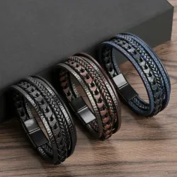 1pc Mode Zubehör MÄNNER Mehrschichtige Vintage Leder Seil Geflochtene Armband Legierung Magnetische Schnalle Armband