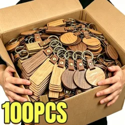 100 Stück Blanko Holz-PU-Leder Schlüsselanhänger, Holz-Schlüsselringe für Lasergravur, Auto-Ornamente, Geschenke, DIY-Zubehör, Namensschild