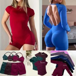 3-teiliges Gym-Set für Damen: Nahtloses Kurzarm-Oberteil & Scrunch-Gym-Shorts & Sport-BH-Bodysuit ? Trainingsanzüge & Sportbekleidung