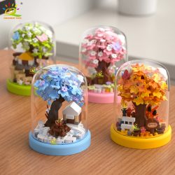 HUIQIBAO MOC Vier Jahreszeiten Mini Baumhaus mit Display Box Modell Micro Baustein Diamant Ziegel Spielzeug für Kinder Schreibtisch Dekor.
