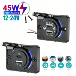 12V-24V PD+USB Auto-Ladebuchse 45W Schnellladung, Blaue LED-Anzeige, Wasserdichte Klappabdeckung Eingebauter Anschluss für Auto und Motorrad