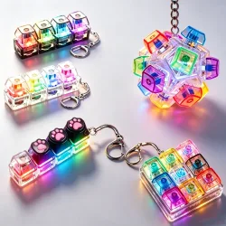 NEUER LED-Tastatur-Schlüsselanhänger Fidget-Spielzeug Kristall-Clicker Sensorisches Spielzeug zur Stresslinderung Tastatur-Schlüsselanhänger Fidget-Spielzeug für Erwachsene und Kinder