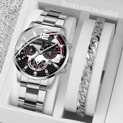2PCS Männer Business Uhren Mode Stahl Band Männlichen Analog Quarzuhr Armband Set Relogio Masculino Reloj Hombre (Ohne Box)
