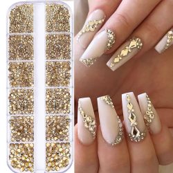 1,5 mm-5 mm Champagnerglas-Kristall-Nagelkunst-Edelsteine, 12 Gitter, flache Rückseite, SS4-SS16, gemischte Nagelkunst-Strasssteine, nicht Hotfix-Diamant-Nageldeko