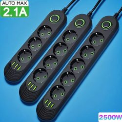 2500W EU-Stecker Mehrfachsteckdose mit Verlängerungskabel, EU-Steckdose mit Netzwerkfilter und USB-Anschlüssen zum Aufladen, 1 Stück
