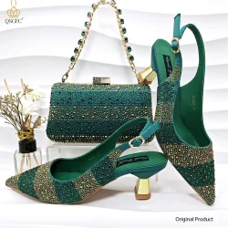 2026 Nigerianische Damen-Absatzschuhe im italienischen Luxusdesign, grünes Schuh- und Taschenset, verziert mit Strass-Handtasche für Hochzeitsfeiern