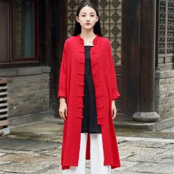 Hochwertige Damen-Baumwoll-Strickjacke im Chinesischen Stil mit Knöpfen und Stehkragen, Einfarbiges Kleid, Vestidos