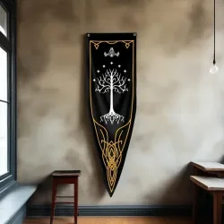 VIKAMA Elfenring-Flagge von Gondor, schwarze und goldene Mauern im mittelalterlichen Stil mit an den Wänden hängenden Flaggen, Heimtextilien