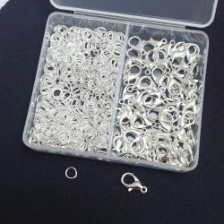 300 Stück/Box Silberfarbene Karabinerverschlüsse und offene Ringe für Armbänder, Halsketten, Verbinder, DIY-Schmuckherstellung, Zubehör, Zubehörset