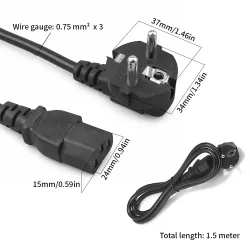 EU1,5m/3M 0,75mm 18 AWG 60C 250V Universal-Netzkabel für PC, Computer, LG TV zu IEC320C13 Schwarz PWC75A150