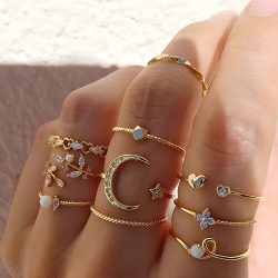 10Pcs Ringe Anzug Für Frauen Gold-farbe Kette Ring Set Böhmischen Stil Münze Schlange Mond Sterne Party Blätter liebe Trend Geschenk Schmuck