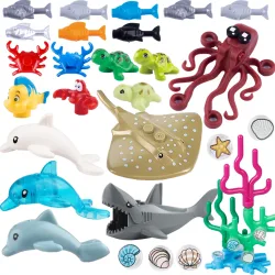 MOC Meerestiere Bausteine Meereszene Hai Oktopus Mantarochen Clownfisch Wal Krabbe Schildkröte Bausteine Spielzeug Kindergeschenk