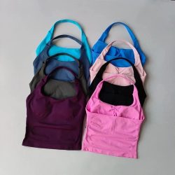 Nahtloses Neckholder-Yoga-Tanktop für Damen, integrierter BH, gepolstertes Gym-Top, ärmelloses Hemd, taillierte, rückenfreie Trainingskleidung
