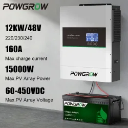 POWGROW 12KW 6.5KW 3.6KW Hybrid-Solarwechselrichter 48V/24V 230Vac mit integriertem MPPT-Solarladeregler für On- und Off-Grid-Anwendungen, reiner Sinuswellen-Wechselrichter mit WLAN-Unterstützung und