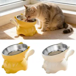 1 Stück Erhöhter Edelstahl-Katzenfutternapf, Geneigte Futter- und Wasserschale mit Niedlichem Ohrenständer, Nackenschutz-Design für Katzen
