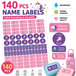 TREES 140 Stück individuelle wasserfeste Namensschilder-Aufkleber, Cartoon-Stil, Namensaufkleber für Kleidung, personalisierte Namensaufkleber