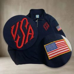 Y2K Amerikanische Flagge Bestickte Kapuzenpullover mit Viertelreißverschluss für Herren, Marineblau-Weiß Pullover mit Aufnähern, Streetwear Casual Sweater