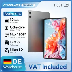 Teclast P30T Android 16 Tablet, 10,1-Zoll IPS 1280x800, Unisoc T7250 Octa-Core, 16GB RAM (3GB + 13GB virtuell), 128GB Speicher, 6000mAh Akku, Dual-Lautsprecher, Gesichtserkennung, WiFi 5, OTG