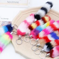 Farbverlauf Flauschigen Fell Schwanz Schlüsselbund Pompoms Quaste Tasche Anhänger Frauen Mädchen Niedlichen Plüsch Tier Schwanz Schlüsselanhänger Halter Charms Gif