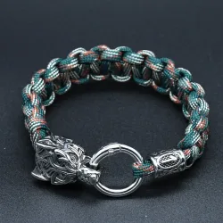 Edelstahl-Wolfskopf-Armbänder für Männer mit Nordischen Wikinger-Runenperlen und Überlebens-Paracord-Seil