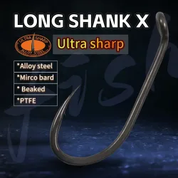 10 stücke Karpfen Angeln Haken Lange Schaft Micro Stacheldraht Größe 2/4/6/8 PTFE Beschichtung Ultra Sharp Schnabelt Punkt Für angeln Haar Rig