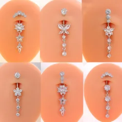 1 Stück Langer baumelnder Bauchnabelpiercing aus Edelstahl mit Blumen-, Schmetterlings- und Kristall-Design, geschwungener Bauchnabelpiercing-Ring für Damen, Schmuck