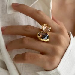 Retro Brauner Strass-Kristallring Damenmode Exquisiter Geometrischer Quadratischer Offener Ring Echte Goldplattierung Fingerschmuck Geschenke