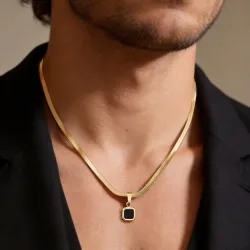 Vnox Geometrische quadratische Halskette mit Naturstein-Anhänger für Herren, gold-silberfarbene Edelstahl-Klingenkette, trendiges Schmuckgeschenk
