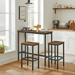 VASAGLE Bartisch mit Barhocker Set, Essgruppe, Stehtisch mit 2 Stühlen, Stahlgestell, Industrie-Design