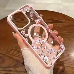 NONE, Pink Cherry Elegantes Blumenmuster-Design Magnetische Handyhülle für iPhone 18 17 16 15 14 13 12 Pro Max 11 16Plus 16E Air Cover