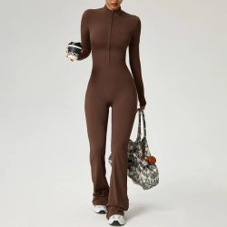 TRY TO BN Damen-Fitness-Jumpsuit mit langen Ärmeln und Reißverschluss, hochfester Yoga-Bodysuit für Fitness-Workout, Sportbekleidung, einteilige Kleidung
