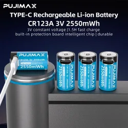 PUJIMAX Typ-C wiederaufladbarer CR123A 2550 mWh 3 V Lithium-Akku, wiederaufladbarer Akku, hohe Kapazität, tragbar, stabiler Ausgang