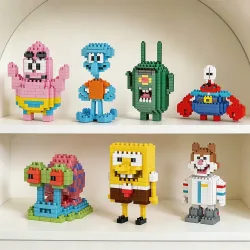 Gelber Schwamm Cartoon Quadratischer Oktopus Krabbe Mini-Baustein Anime-Charakter Ziegelstein-Modell DIY Montage-Spielzeug Desktop-Ornament Geschenk