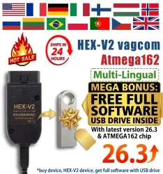 2026 VCDS 26.3 HEX V2 OBD2 Diagnosekabel für VAG-Fahrzeuge, Gratis USB-Stick mit Software, Mehrsprachiger Scanner