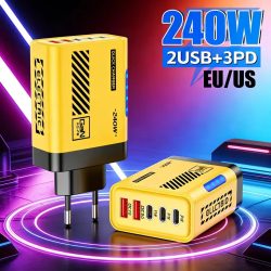 240W Superschnelles Ladegerät 5-in-1 mit LED-Licht, 5-Port-GaN-Telefonladegerät-Adapter, 10A-Kabel für iPhone, Xiaomi, EU/US-Stecker