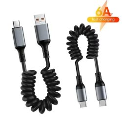 6A USB-C zu USB-C Kabel Einziehbares Spiralkabel Schnelles Ladekabel 25cm bis 1M Auto-Datensynchronisationskabel für iPhone 16 Samsung Xiaomi Huawei