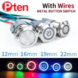 12 16 19 22mm Wasserdichter Metall-Druckknopfschalter mit Kabel, LED-Ring/Leuchtanzeige, Momentan/Verriegelnd, 5/12/24/220V Silber 1NO1NC