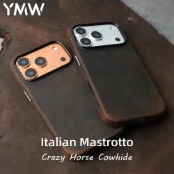 YMW Italienische Crazy Horse-Echtledertasche für iPhone 17 16 Pro Max 15 14, Persönlichkeit, Rindsleder, magnetische Handyhülle
