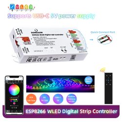DOMRAEM ESP8266 WLED USB-C Adressierbarer LED-Controller Unterstützt WS2811/12/12B/13/14/05 Digitale Streifen usw. 1600 RGB IC |   16A Sicherung