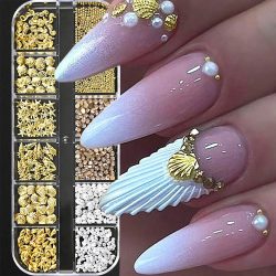 12Grid 3D Gold Ozean Nieten Nagel Charms Gemischte Seepferdchen/Seestern/Muschel Perle/Mini Kaviar Perlen/Strass Nagel Schmuck Dekoration