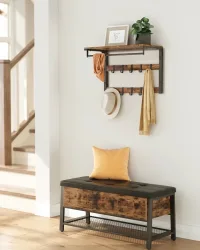 VASAGLE Wandgarderobe, mit Ablage, Wandregal mit 10 abnehmbaren Haken, Hängeregal, Wandmontage, 2 Garderobenleisten