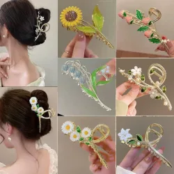 Koreanischer Stil Blumen-Perlen-Haarklammer Große Metall-Haifischklammer Elegante Damen-Haarspange für den Hinterkopf Modische Haaraccessoires