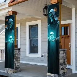 Ein Paar dekorative Halloween-Banner aus Polyester, bestehend aus einem Totenkopffiguren-Design und Tür- und Wanddekorationen