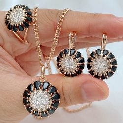 Kinel 585 Rose Gold Farbe Ethnische Vintage Frauen 3 stücke Schmuck Sets Shiny Schwarz Natürliche Zirkon Ring Ohrringe Halskette Täglichen schmuck
