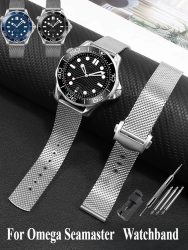 20 mm silberfarbenes Schwarz für Omega Seamaster-Uhrenarmband, Edelstahl, spezielle Schnittstelle, Faltschließe, wasserabweisend, Sport-Passform