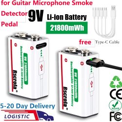Rscrola 21800mWh 9V Lithium-Akku mit USB-Ladekabel für Gitarren-Aktiv-Tonabnehmer, Bass, Drahtloses Mikrofon, Pedal, Alarm