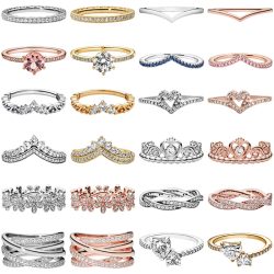 Heiß begehrter Damenring aus 925er Silber mit Krone, Zirkon und goldenem Herz, modischer DIY-Schmuck für Hochzeiten und Partys, europäisches Schmuckgeschenk.