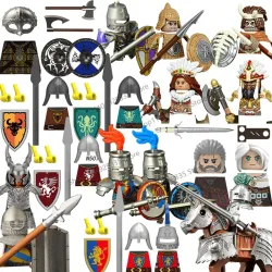 Mittelalterliche Burg-Figuren Bausteine Schwarzer Adler Roter Löwe Schwertkämpfende Ritter Wikinger-Soldaten Bauern-Militia Bausteine Kinderspielzeug