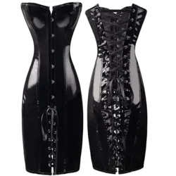 PVC Leder Korsett Kleid Sexy Frauen Gothic Punk Lange Trägerlosen Torso Bustier Körper Schlank Club Vinyl Latex Mini Kleid Plus Größe